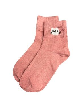 Cute Cat Embroidered Low Crew Socks Dusty Pink Womens One Size